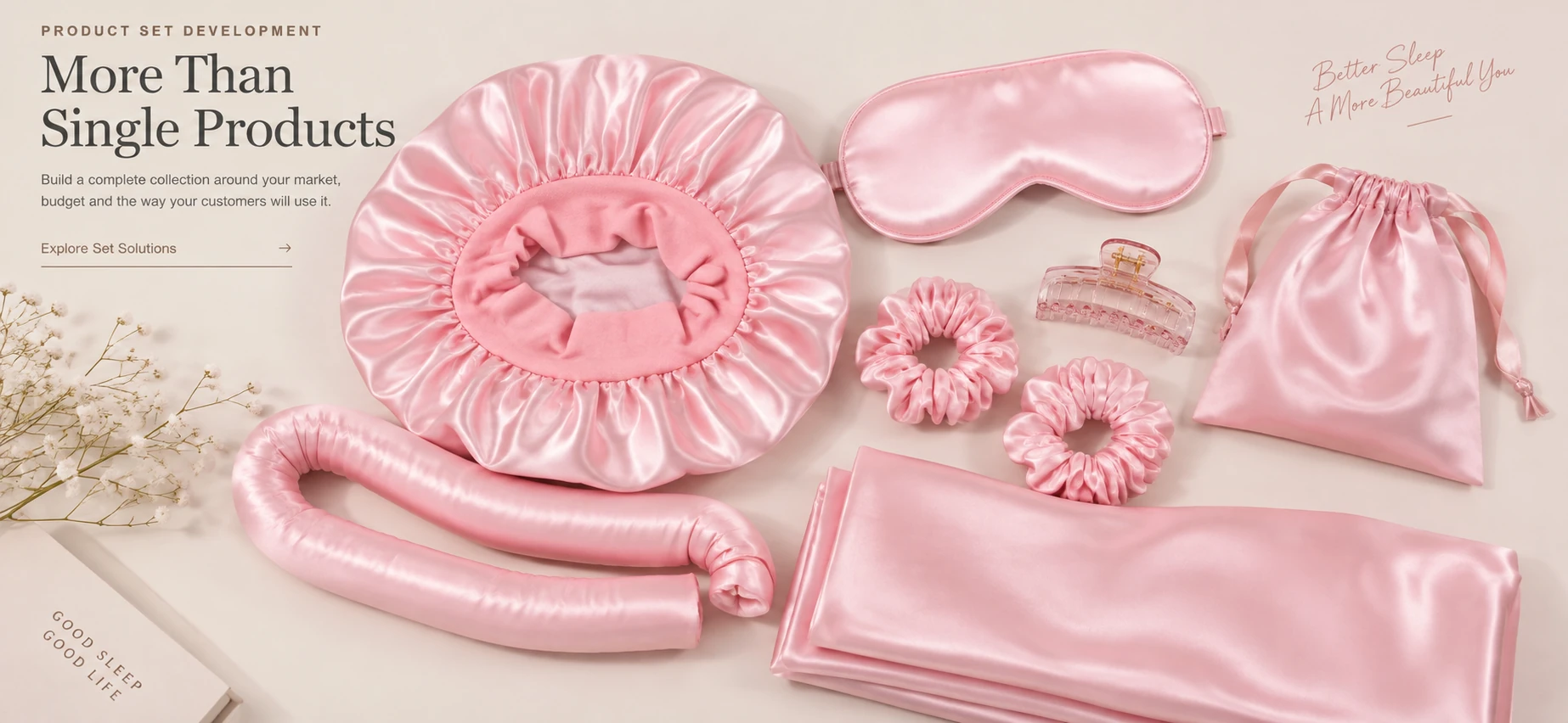 Coordinated satin product collection illustrating complete product set development
